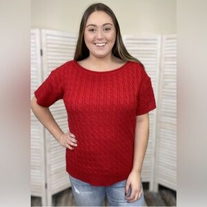 Andree by Unit, All That You Are, Red Cable Knit Short Sleeve Sweater Top